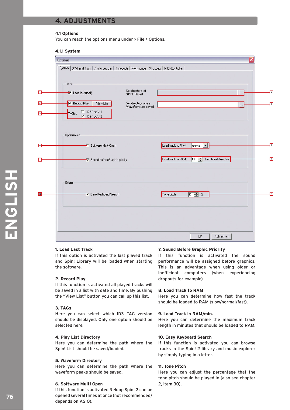 English, Adjustments | Reloop SPIN!2 User Manual | Page 76 / 139