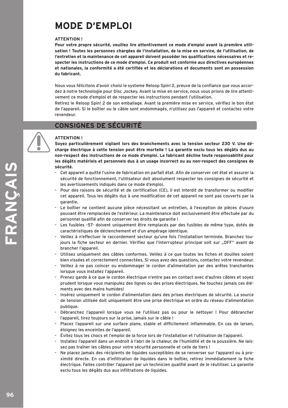 Fr an ç ais, Mode d‘emploi | Reloop SPIN!2 User Manual | Page 96 / 139