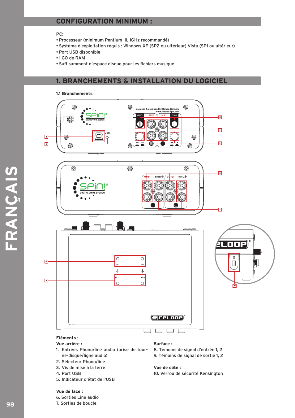 Fr an ç ais, Configuration minimum, Branchements & installation du logiciel | Reloop SPIN!2 User Manual | Page 98 / 139