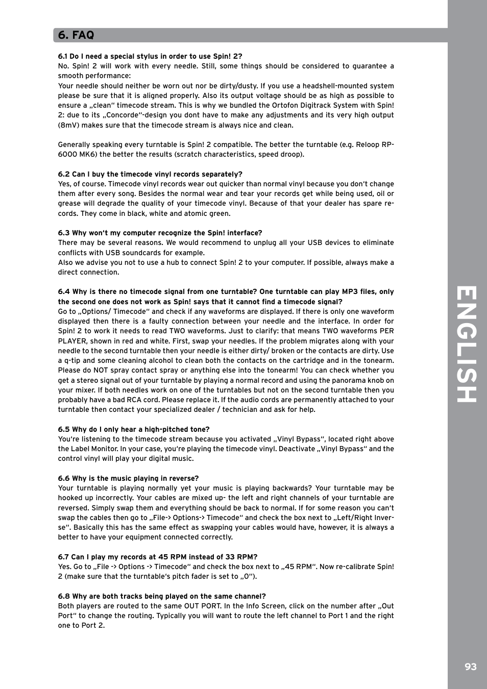 2 can i buy the timecode vinyl records separately, 5 why do i only hear a high-pitched tone, 6 why is the music playing in reverse | English | Reloop SPIN!2 User Manual | Page 101 / 153