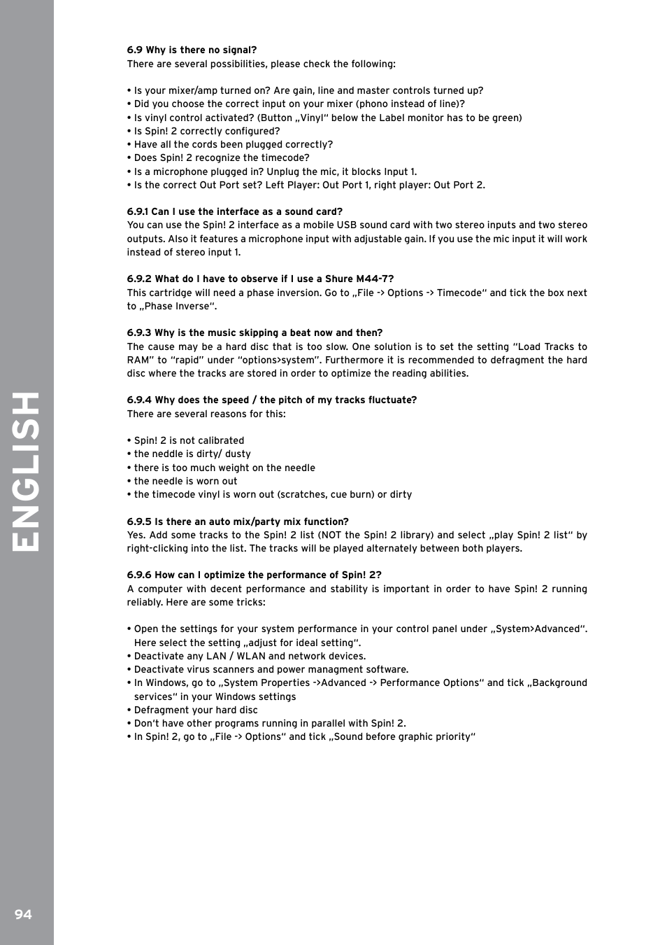 9 why is there no signal, 1 can i use the interface as a sound card, 2 what do i have to observe if i use a shure m44-7 | 3 why is the music skipping a beat now and then, 5 is there an auto mix/party mix function, 6 how can i optimize the performance of spin! 2, English | Reloop SPIN!2 User Manual | Page 102 / 153