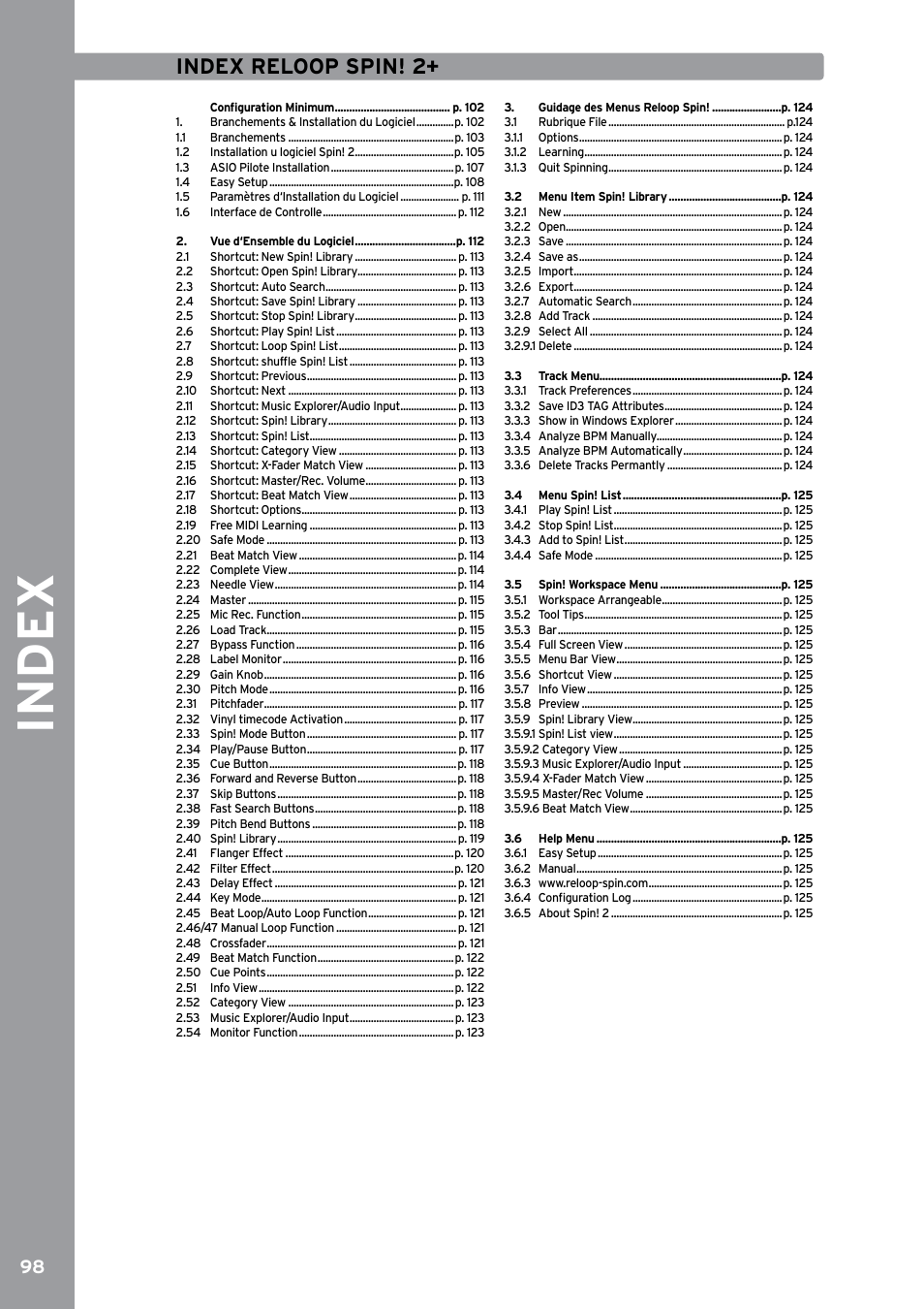 Francais, Index reloop spin! 2, Index | Reloop SPIN!2 User Manual | Page 106 / 153