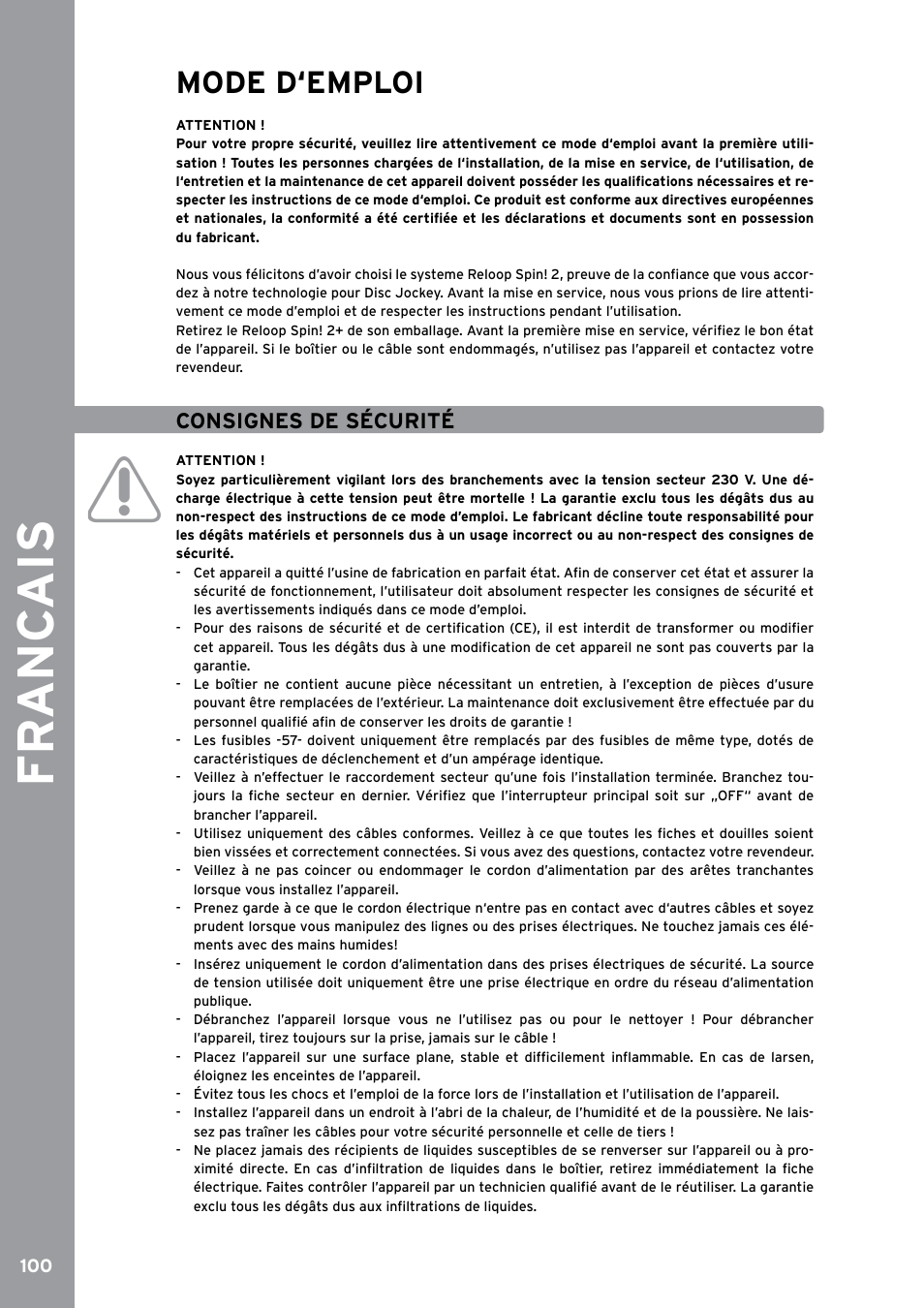 Fr anc ais, Mode d‘emploi, Consignes de sécurité | Reloop SPIN!2 User Manual | Page 108 / 153