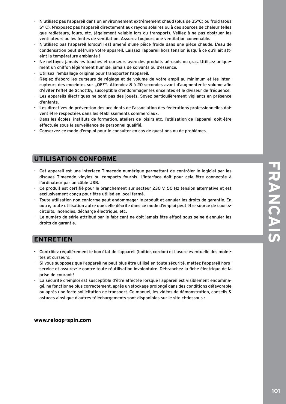 Utilisation conforme, Entretien, Fr anc ais | Reloop SPIN!2 User Manual | Page 109 / 153