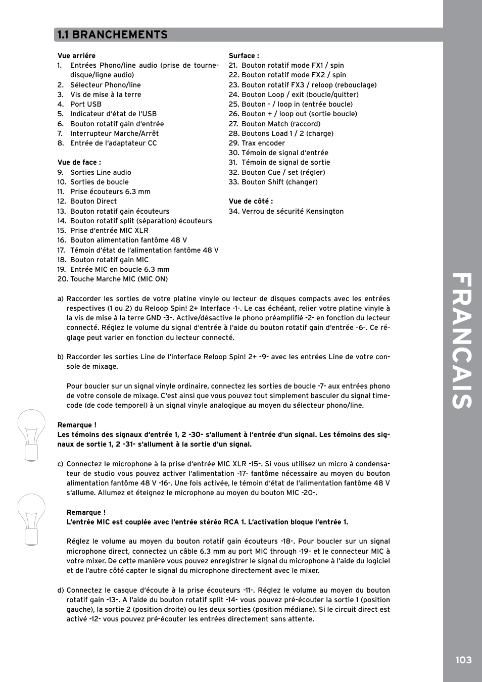 1 branchements, Fr anc ais | Reloop SPIN!2 User Manual | Page 111 / 153