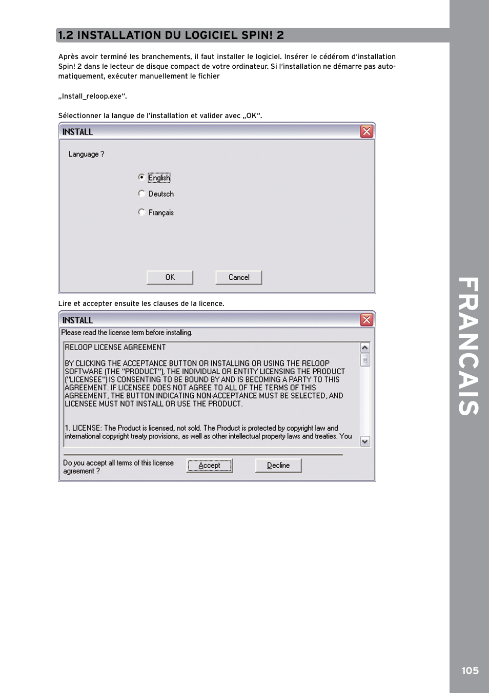 2 installation du logiciel spin! 2, Fr anc ais | Reloop SPIN!2 User Manual | Page 113 / 153