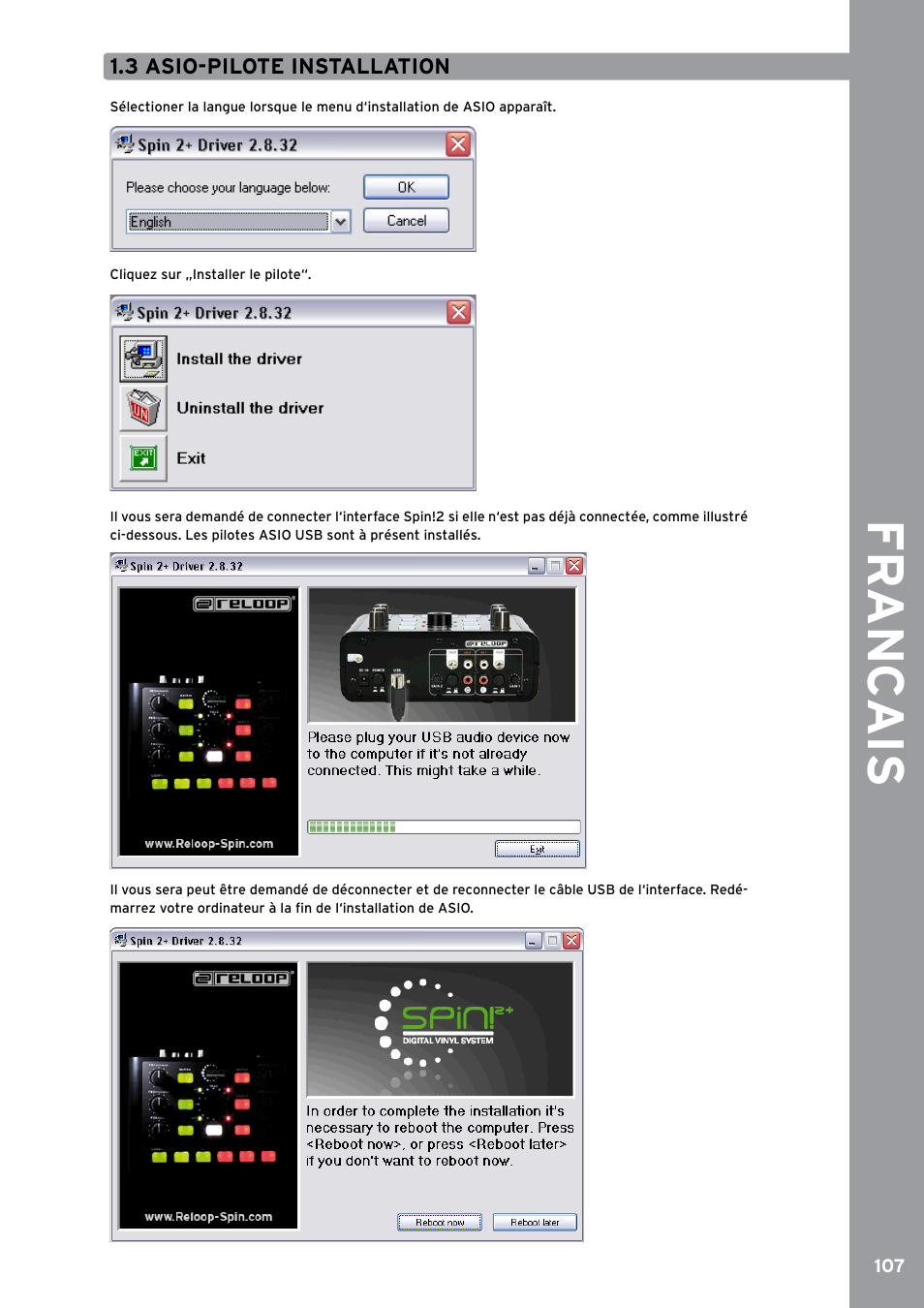 3 asio-pilote installation, Fr anc ais | Reloop SPIN!2 User Manual | Page 115 / 153