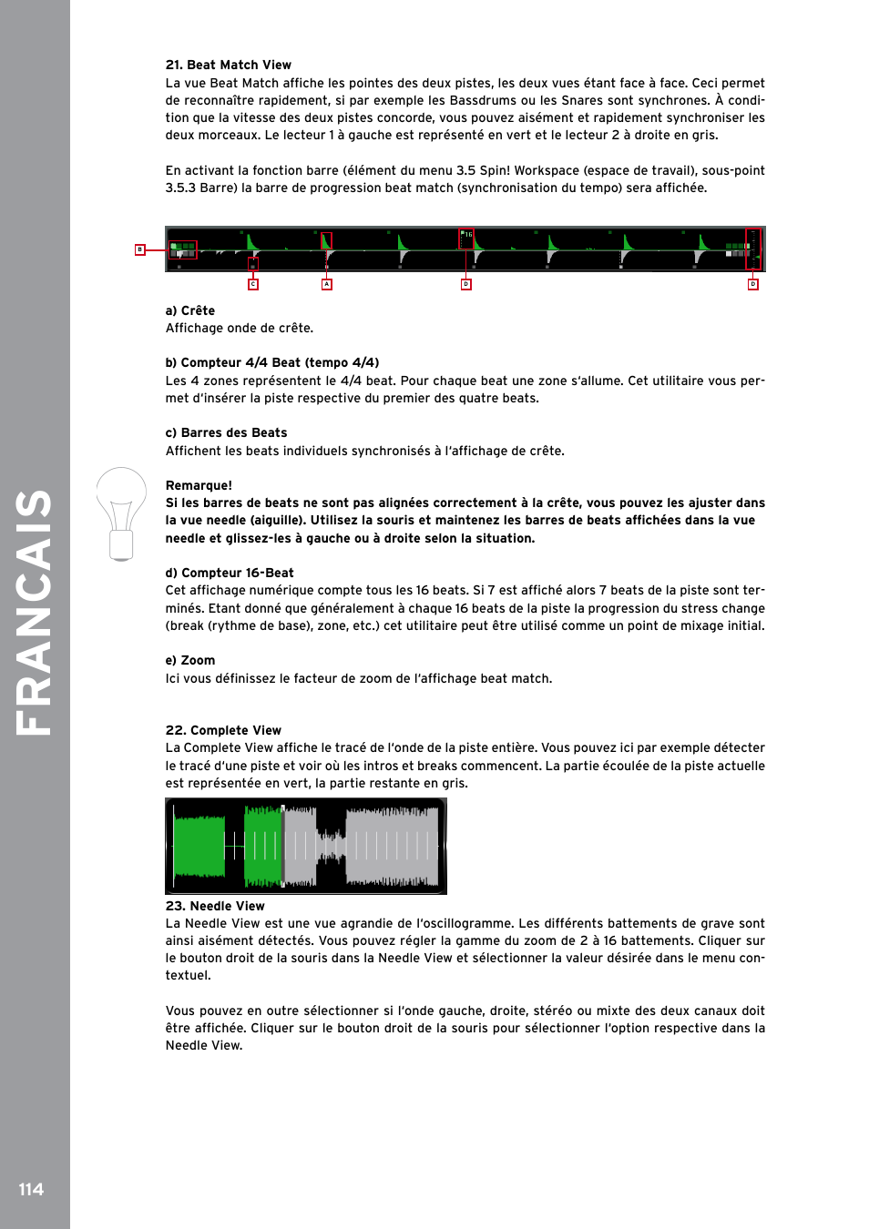 Beat match view, Complete view, Needle view | Fr anc ais | Reloop SPIN!2 User Manual | Page 122 / 153