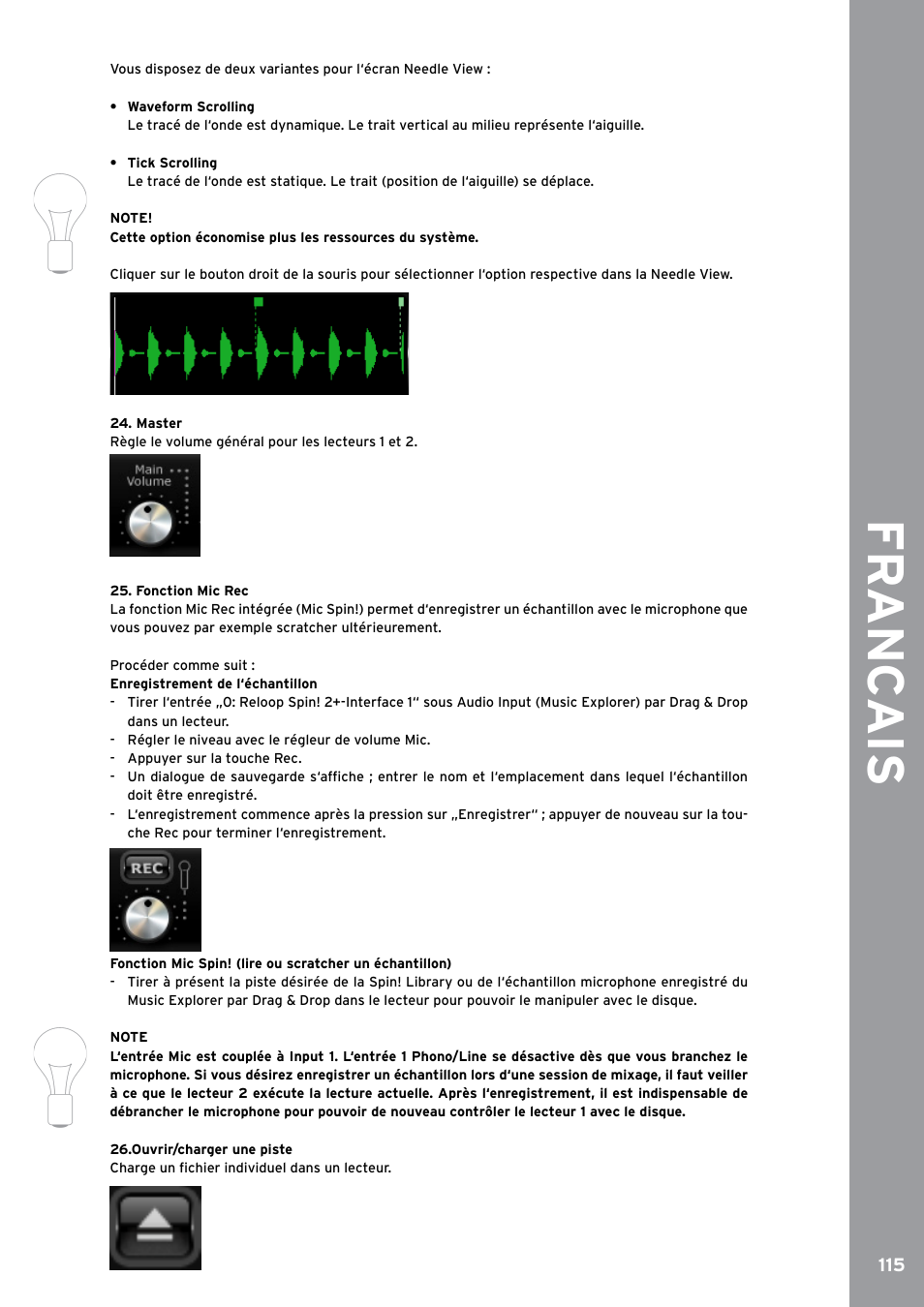 Master, Fonction mic rec, Ouvrir/charger une piste | Fr anc ais | Reloop SPIN!2 User Manual | Page 123 / 153