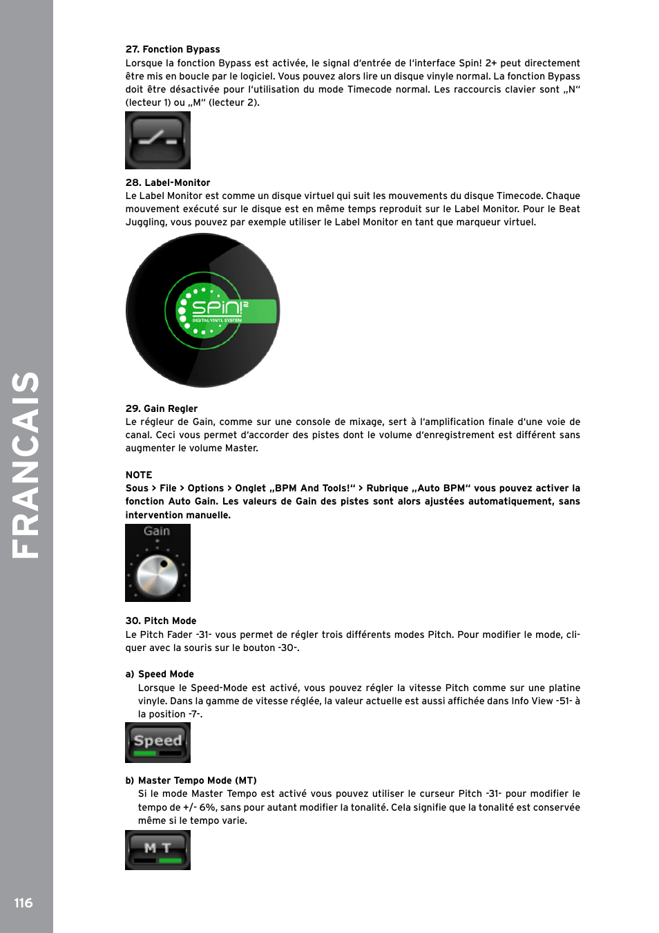 Fonction bypass, Label-monitor, Gain regler | Pitch mode, Fr anc ais | Reloop SPIN!2 User Manual | Page 124 / 153