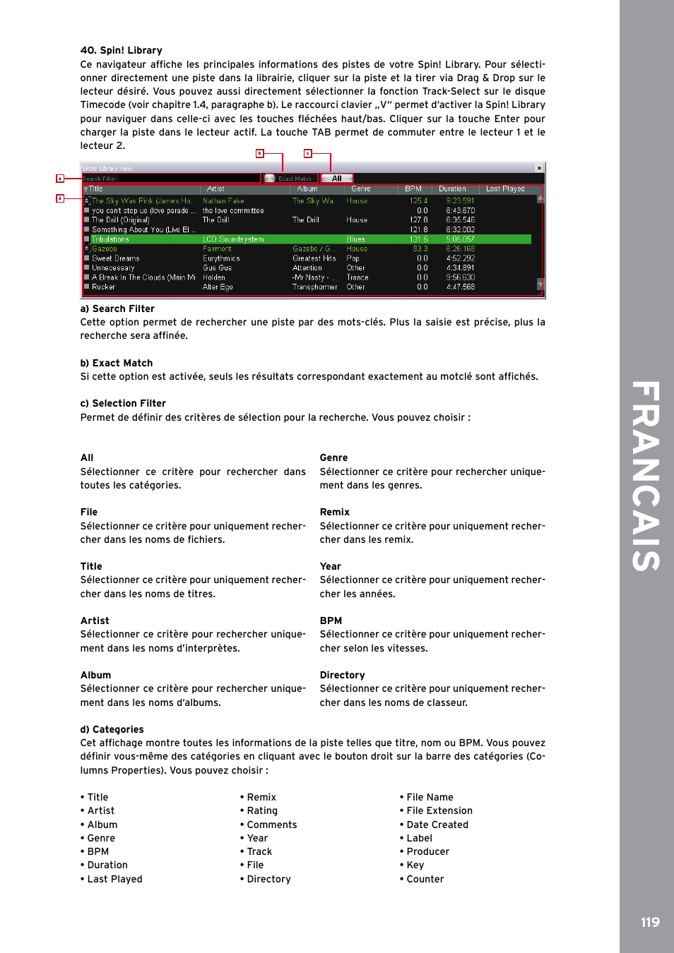 Spin! library, Fr anc ais | Reloop SPIN!2 User Manual | Page 127 / 153