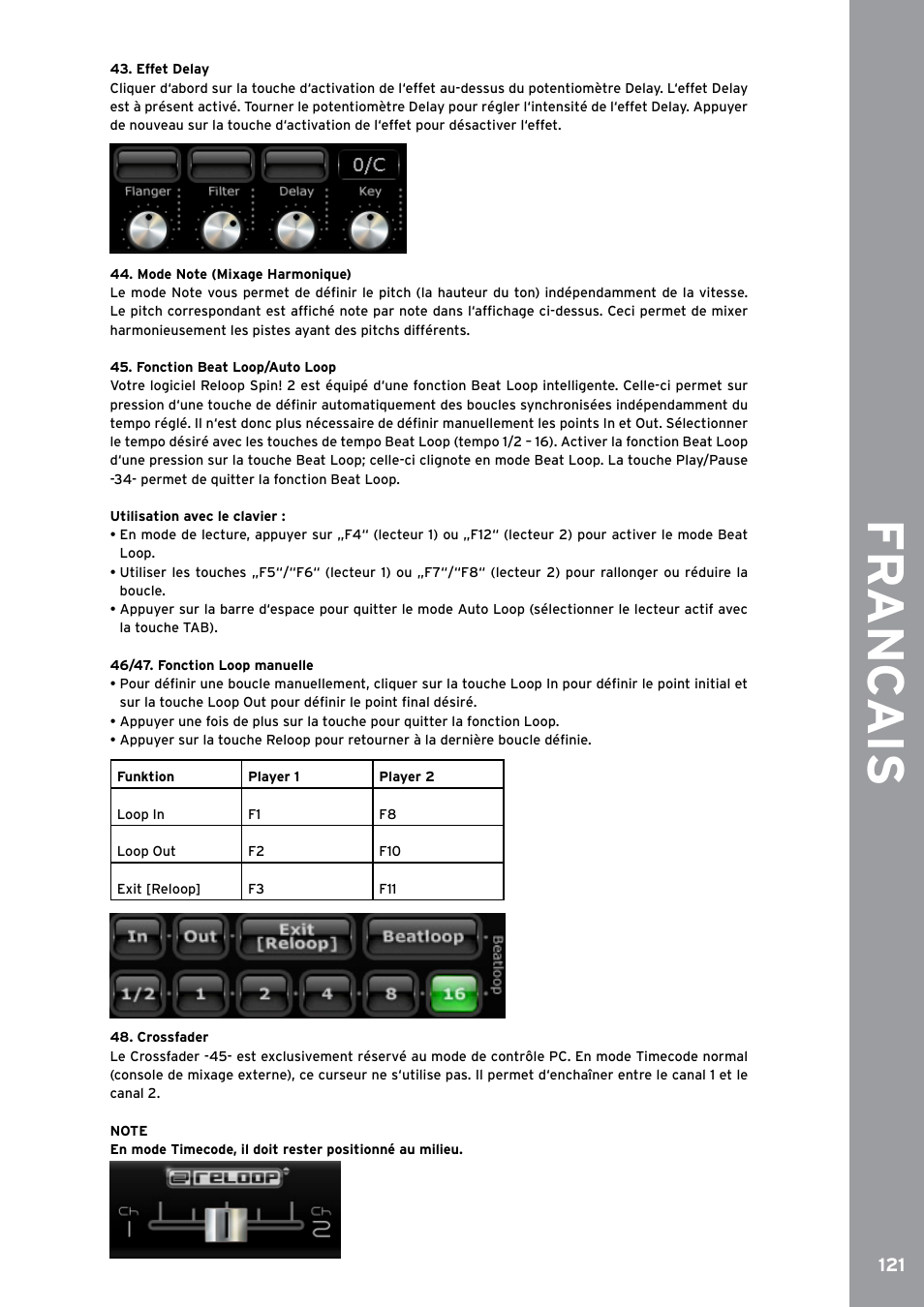 Effet delay, Mode note (mixage harmonique), Fonction beat loop/auto loop | 46/47. fonction loop manuelle, Crossfader, Fr anc ais | Reloop SPIN!2 User Manual | Page 129 / 153