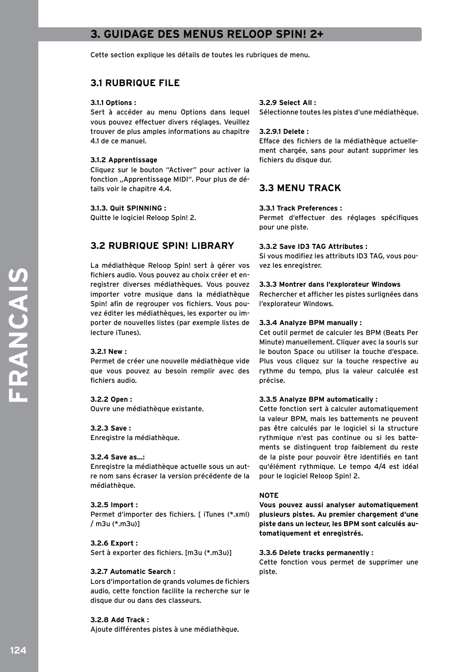 Guidage des menus reloop spin! 2, 1 rubrique file, 1 options | 2 apprentissage, Quit spinning, 2 rubrique spin! library, 1 new, 2 open, 3 save, 4 save as | Reloop SPIN!2 User Manual | Page 132 / 153