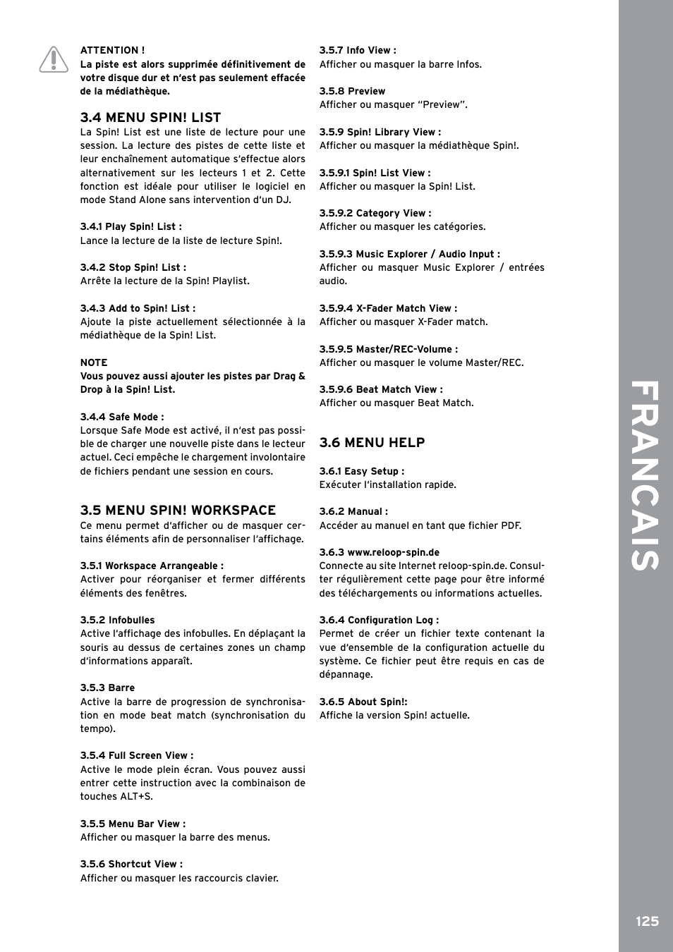 4 menu spin! list, 1 play spin! list, 2 stop spin! list | 3 add to spin! list, 4 safe mode, 5 menu spin! workspace, 1 workspace arrangeable, 2 infobulles, 3 barre, 4 full screen view | Reloop SPIN!2 User Manual | Page 133 / 153