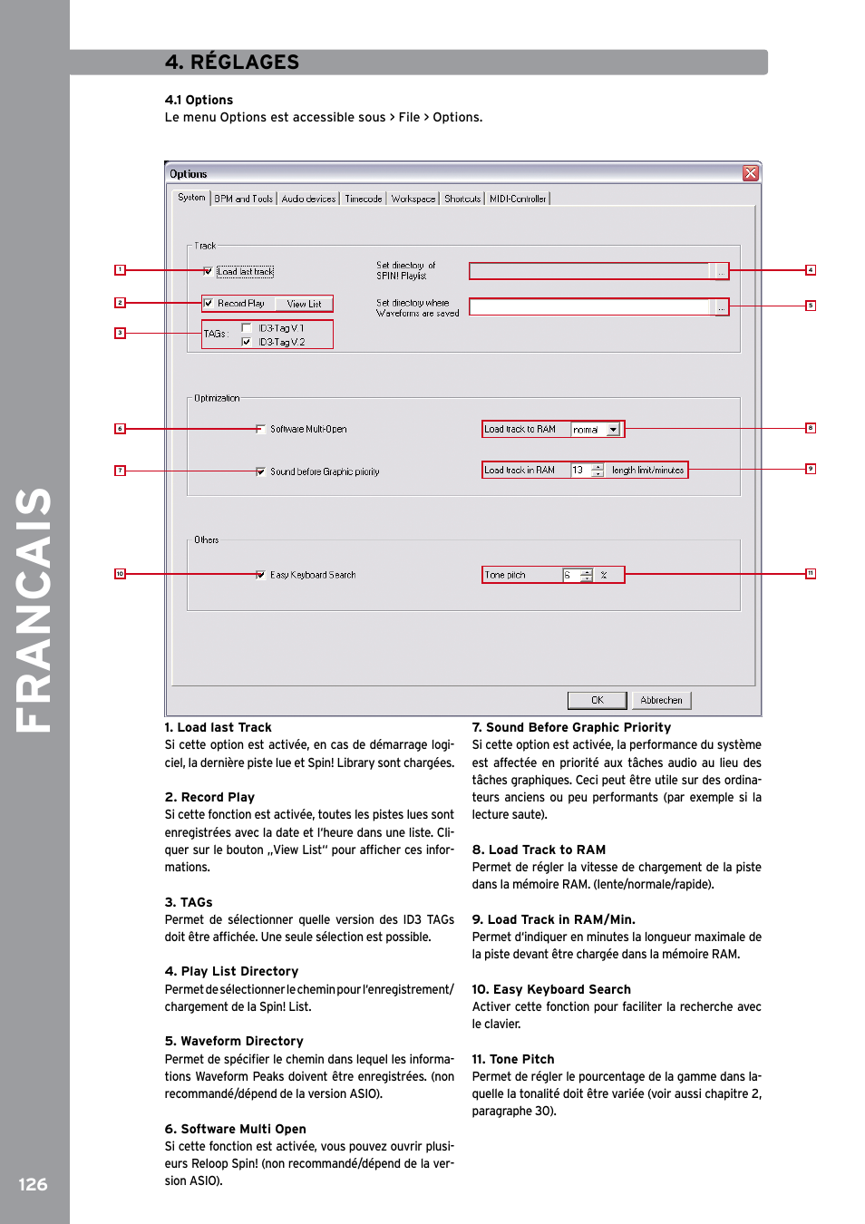 1 options, Fr anc ais, Réglages | Reloop SPIN!2 User Manual | Page 134 / 153