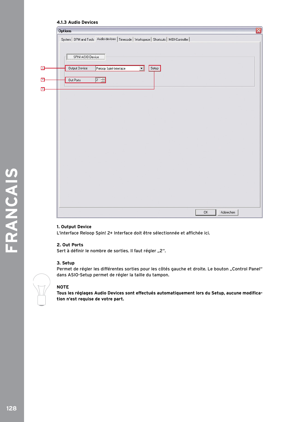 3 audio devices, Fr anc ais | Reloop SPIN!2 User Manual | Page 136 / 153
