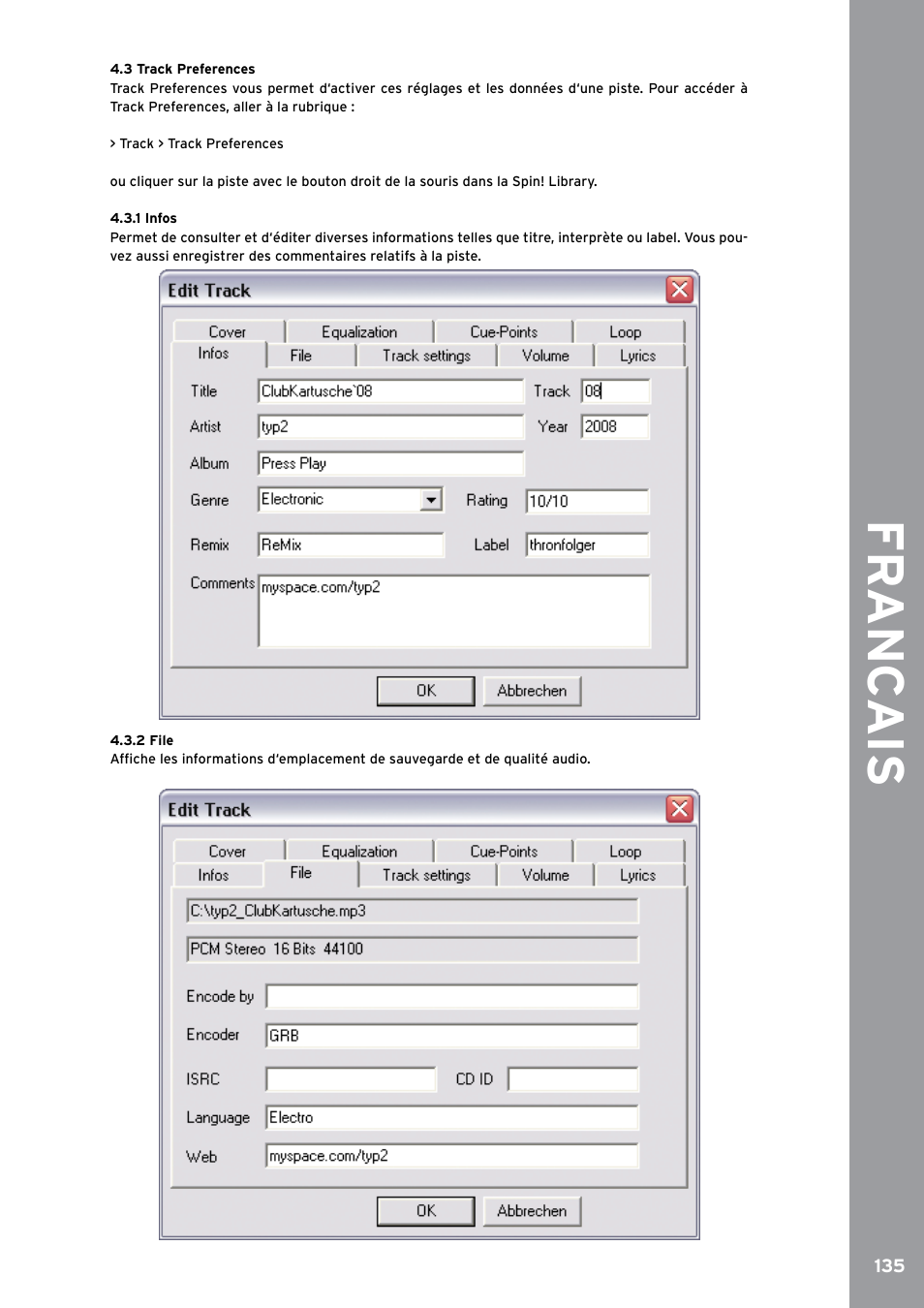 3 track preferences, 1 infos, 2 file | Fr anc ais | Reloop SPIN!2 User Manual | Page 143 / 153
