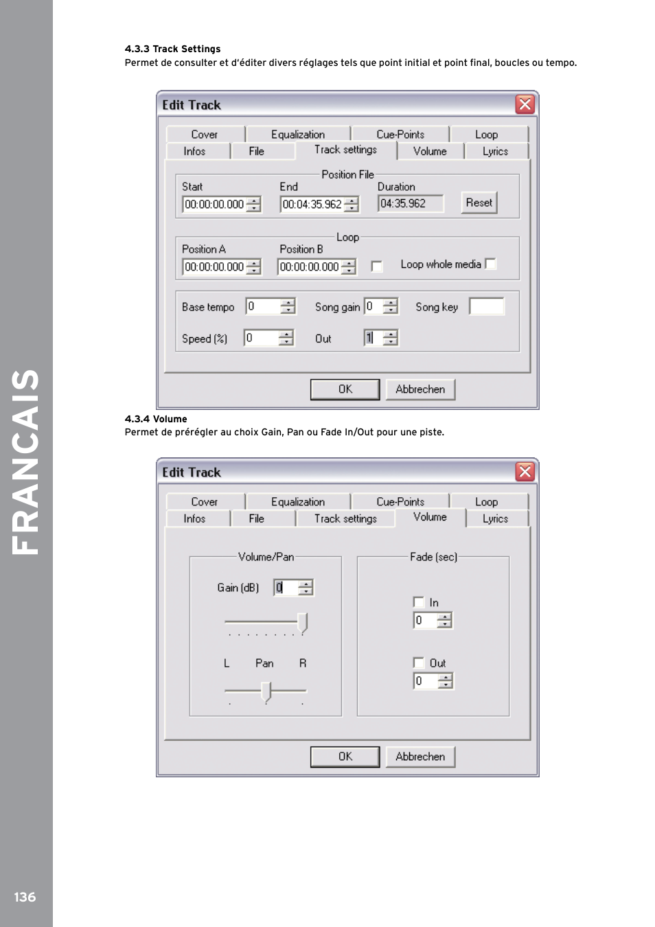 3 track settings, 4 volume, Fr anc ais | Reloop SPIN!2 User Manual | Page 144 / 153