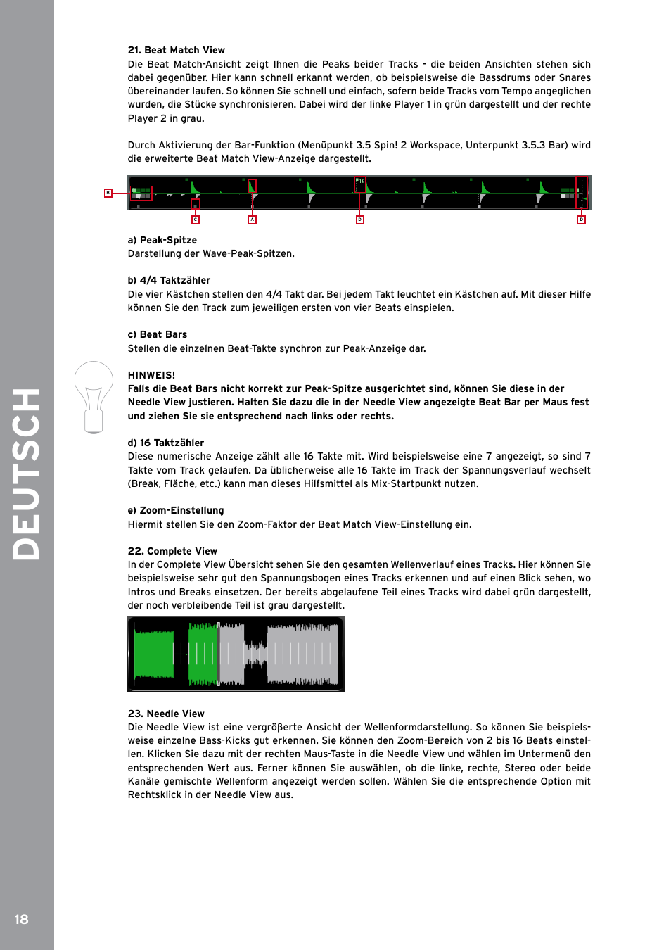 Beat match view, Complete view, Needle view | De ut s ch | Reloop SPIN!2 User Manual | Page 18 / 153