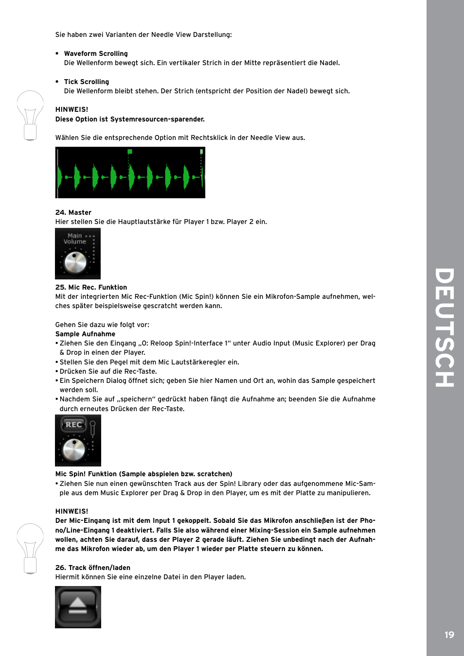 Master, Mic rec. funktion, De ut s ch | Reloop SPIN!2 User Manual | Page 19 / 153