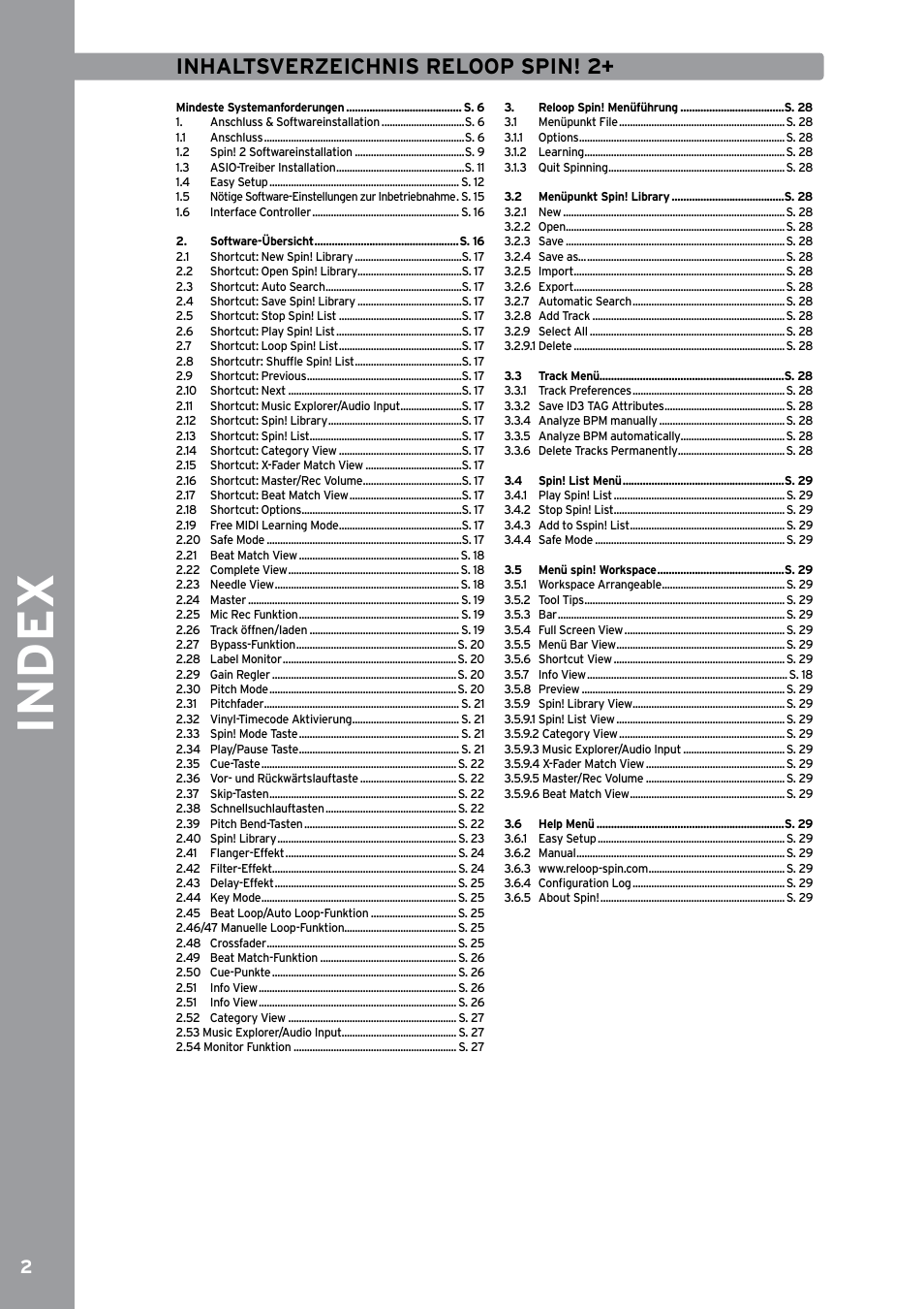 Deutsch, Inhaltsverzeichnis reloop spin! 2, Index | Reloop SPIN!2 User Manual | Page 2 / 153