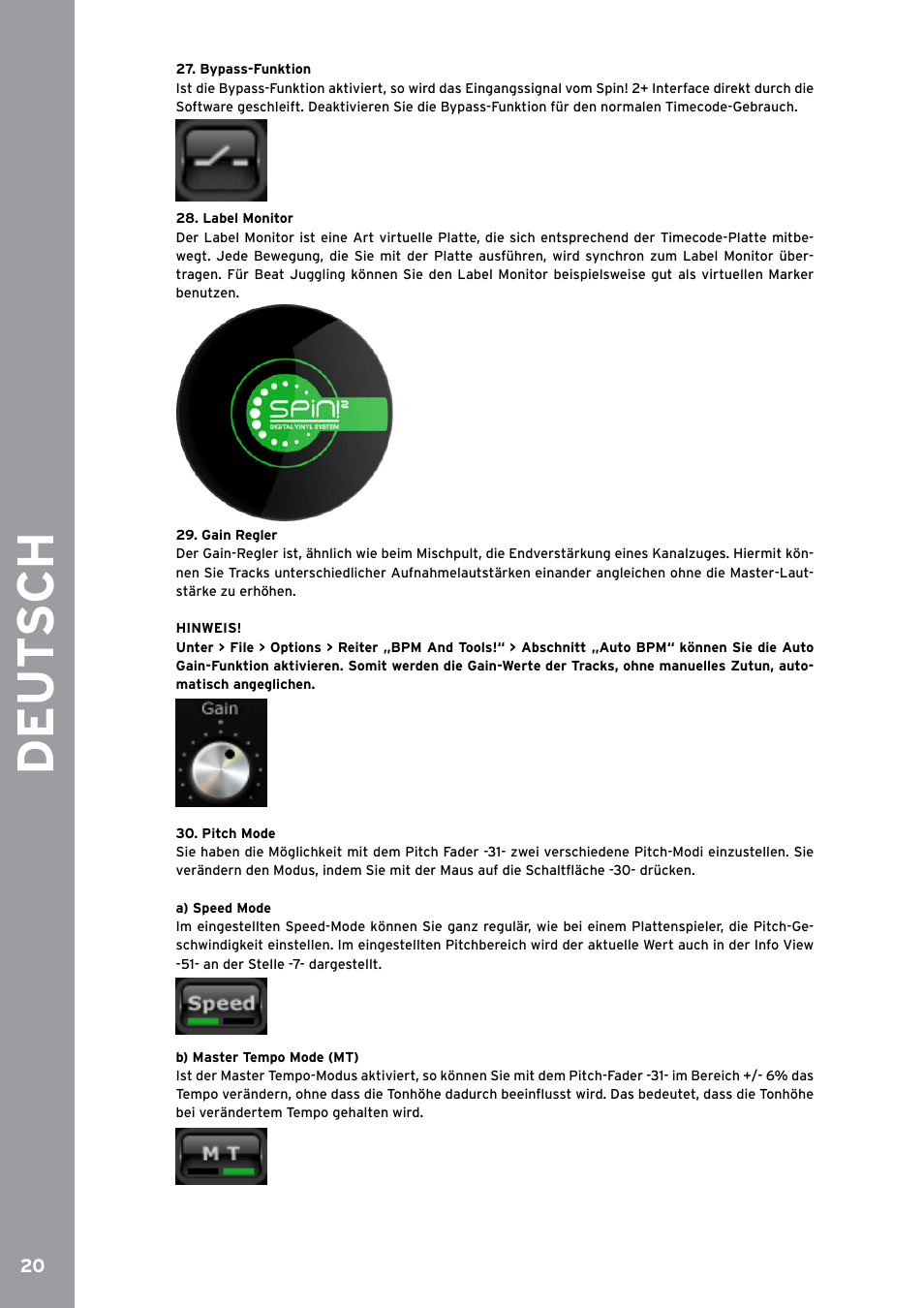 Bypass-funktion, Label monitor, Gain regler | Pitch mode, De ut s ch | Reloop SPIN!2 User Manual | Page 20 / 153
