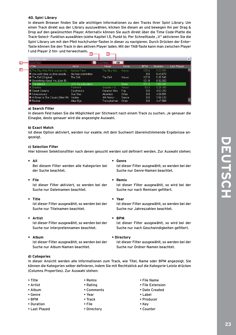 Spin! library, De ut s ch | Reloop SPIN!2 User Manual | Page 23 / 153