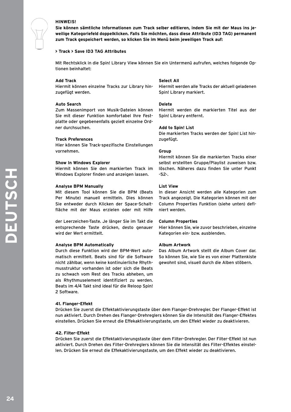 Flanger-effekt, Filter-effekt, De ut s ch | Reloop SPIN!2 User Manual | Page 24 / 153