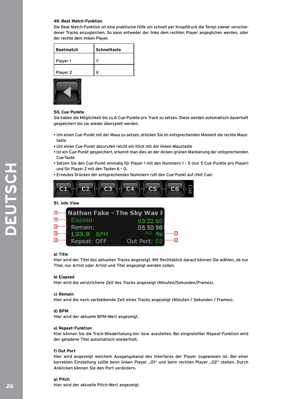 Beat match-funktion, Cue-punkte, Info view | De ut s ch | Reloop SPIN!2 User Manual | Page 26 / 153