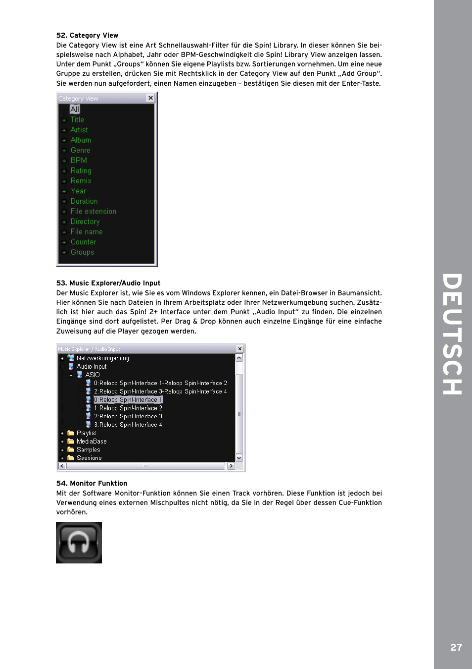 Category view, Music explorer/audio input, Monitor funktion | De ut s ch | Reloop SPIN!2 User Manual | Page 27 / 153