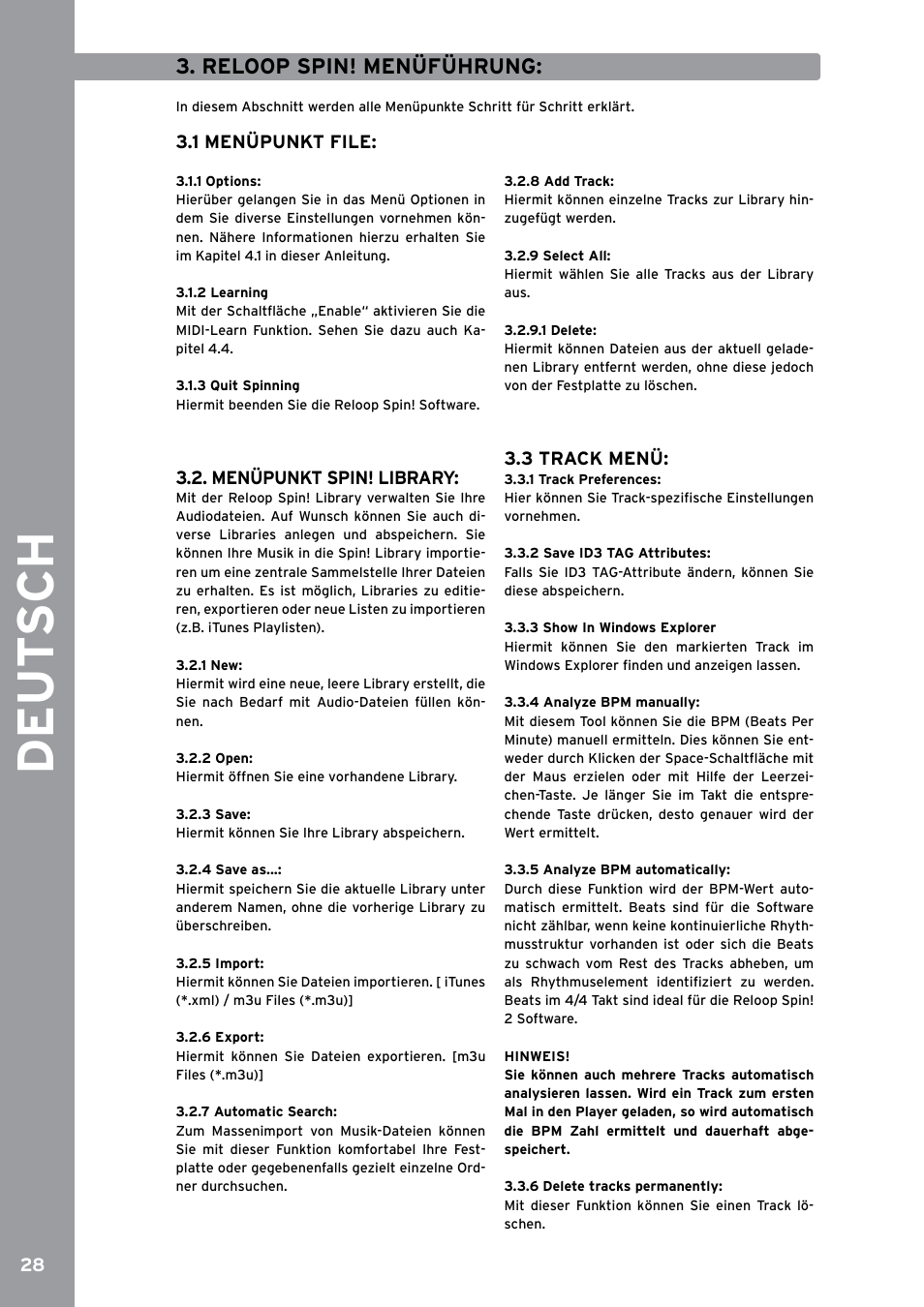 1 options, 2 learning, 3 quit spinning | 1 new, 2 open, 3 save, 4 save as, 5 import, 6 export, 7 automatic search | Reloop SPIN!2 User Manual | Page 28 / 153