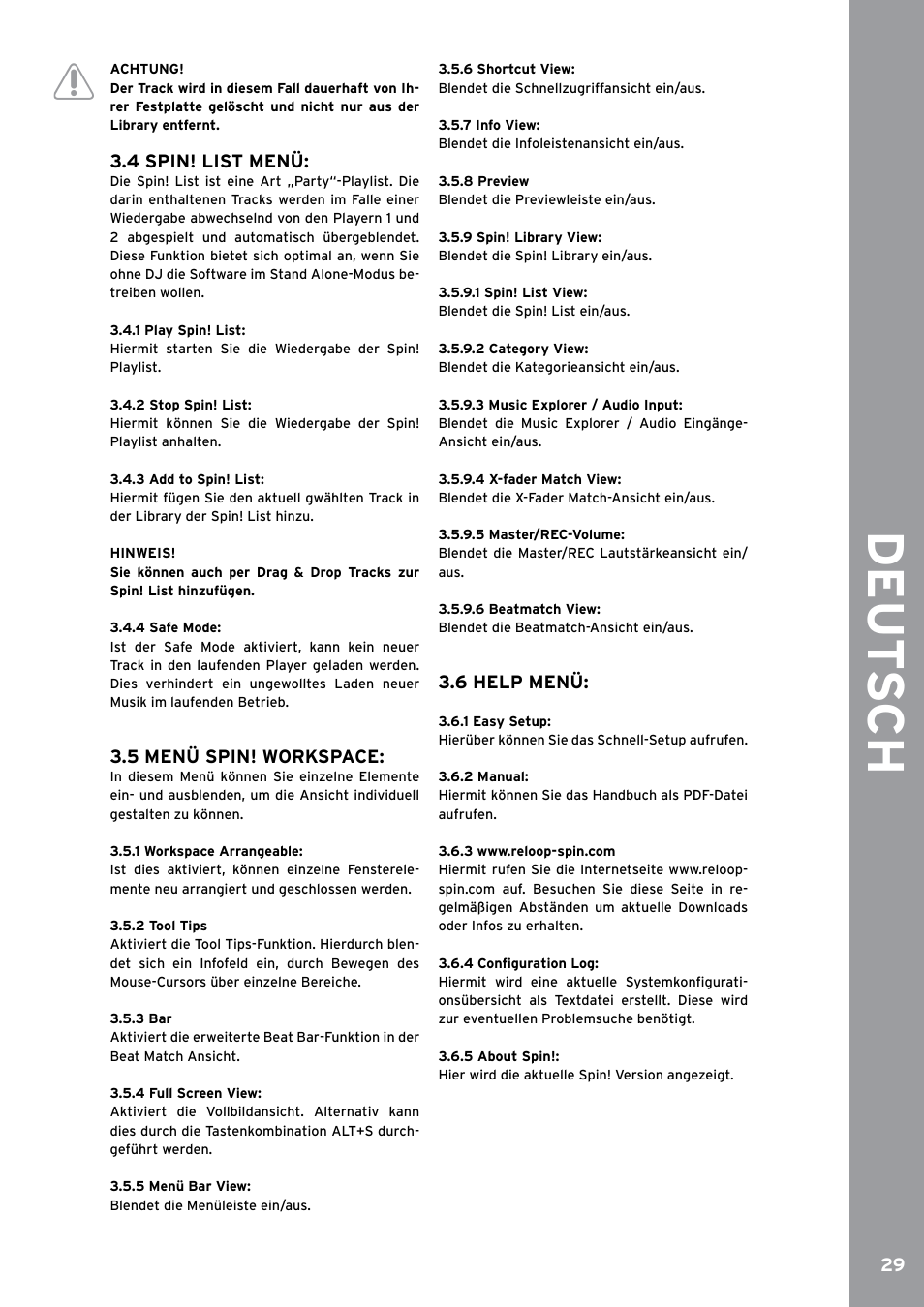 1 play spin! list, 2 stop spin! list, 3 add to spin! list | 4 safe mode, 1 workspace arrangeable, 2 tool tips, 3 bar, 4 full screen view, 6 shortcut view, 7 info view | Reloop SPIN!2 User Manual | Page 29 / 153