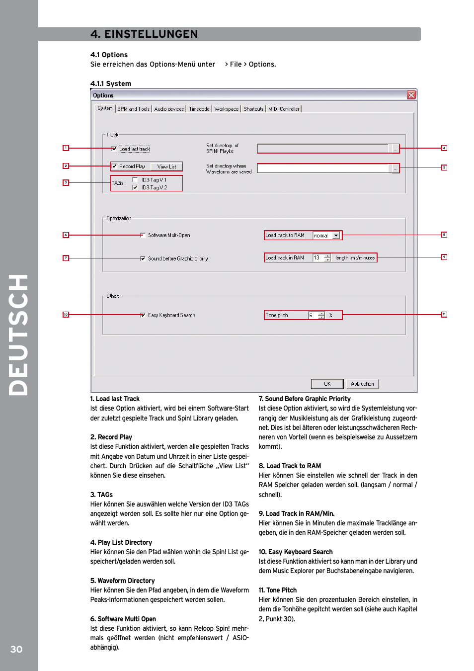 Einstellungen, 1 options, 1 system | De ut s ch | Reloop SPIN!2 User Manual | Page 30 / 153