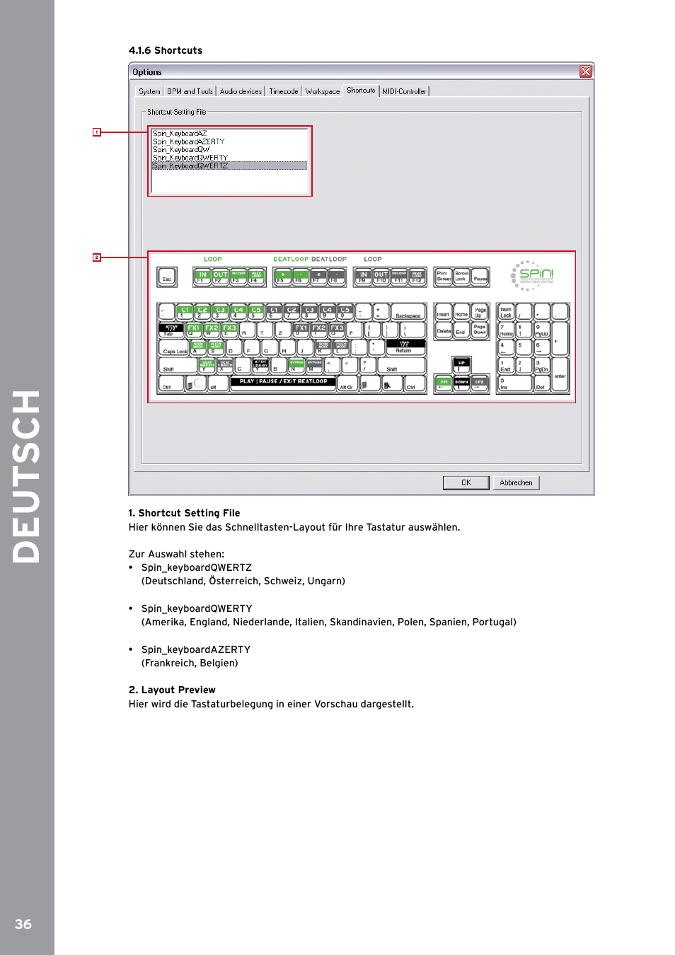 6 shortcuts, De ut s ch | Reloop SPIN!2 User Manual | Page 36 / 153