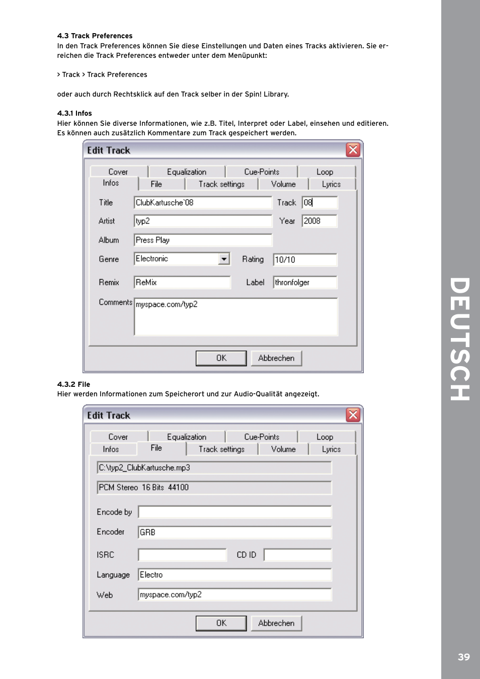 3 track preferences, 1 infos, 2 file | De ut s ch | Reloop SPIN!2 User Manual | Page 39 / 153