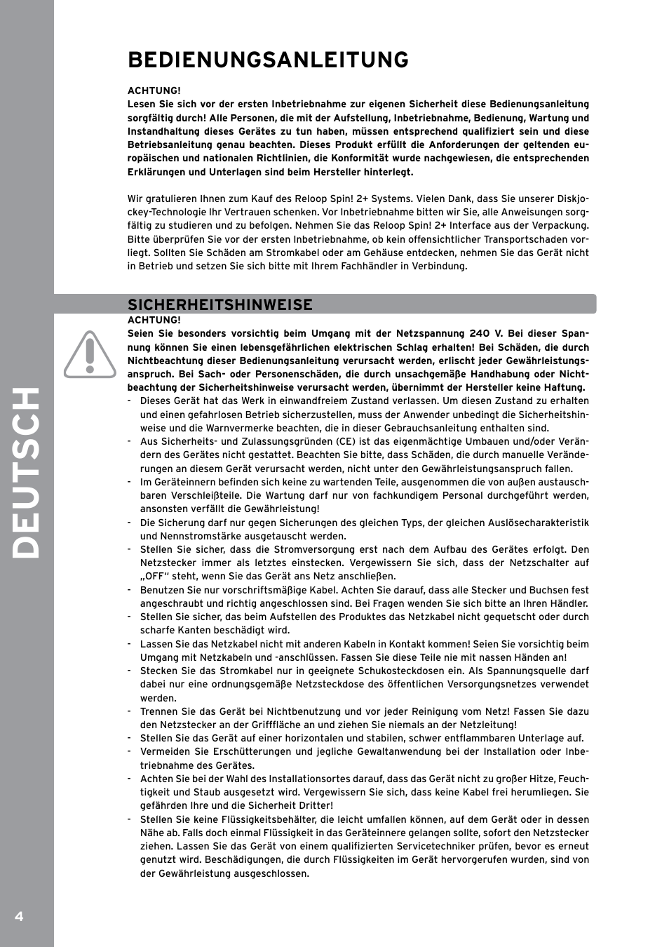 Bedienungsanleitung, Sicherheitshinweise, De ut s ch | Reloop SPIN!2 User Manual | Page 4 / 153