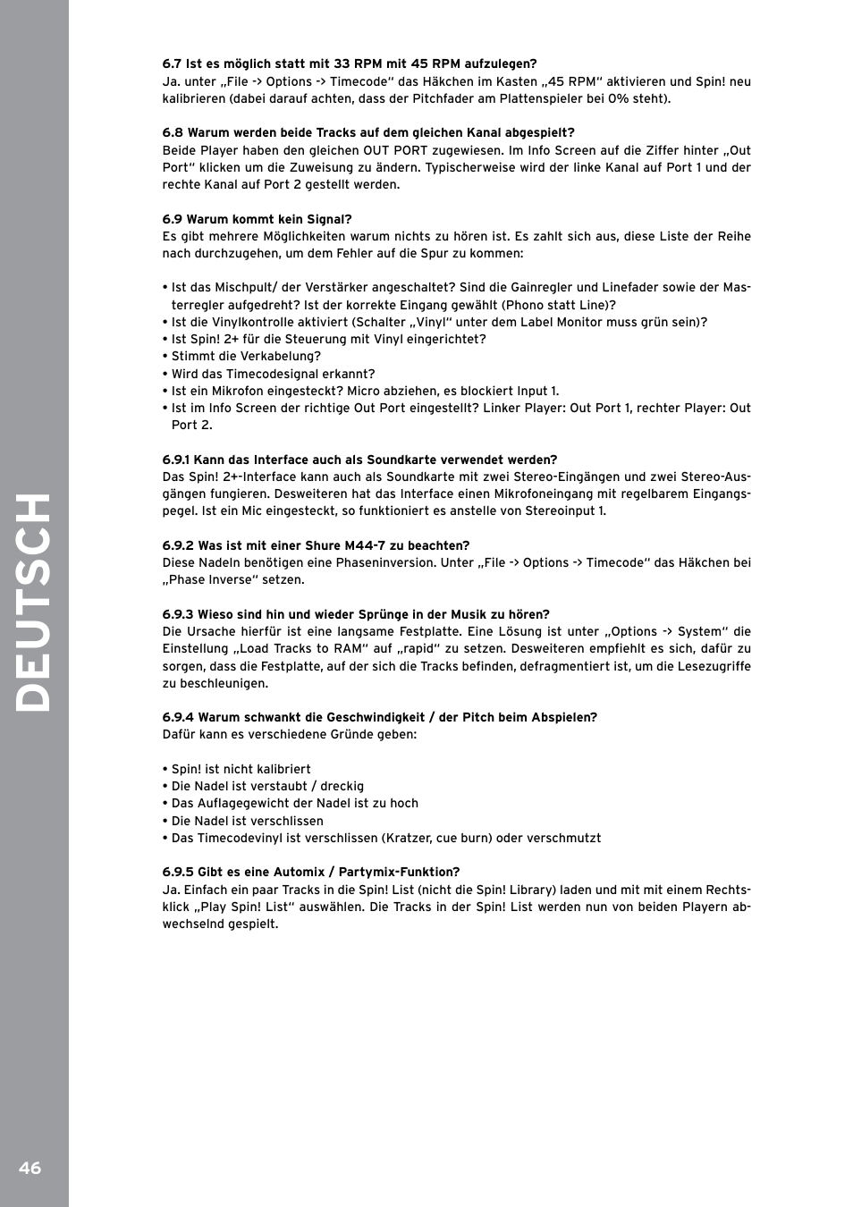 9 warum kommt kein signal, 2 was ist mit einer shure m44-7 zu beachten, 5 gibt es eine automix / partymix-funktion | De ut s ch | Reloop SPIN!2 User Manual | Page 46 / 153