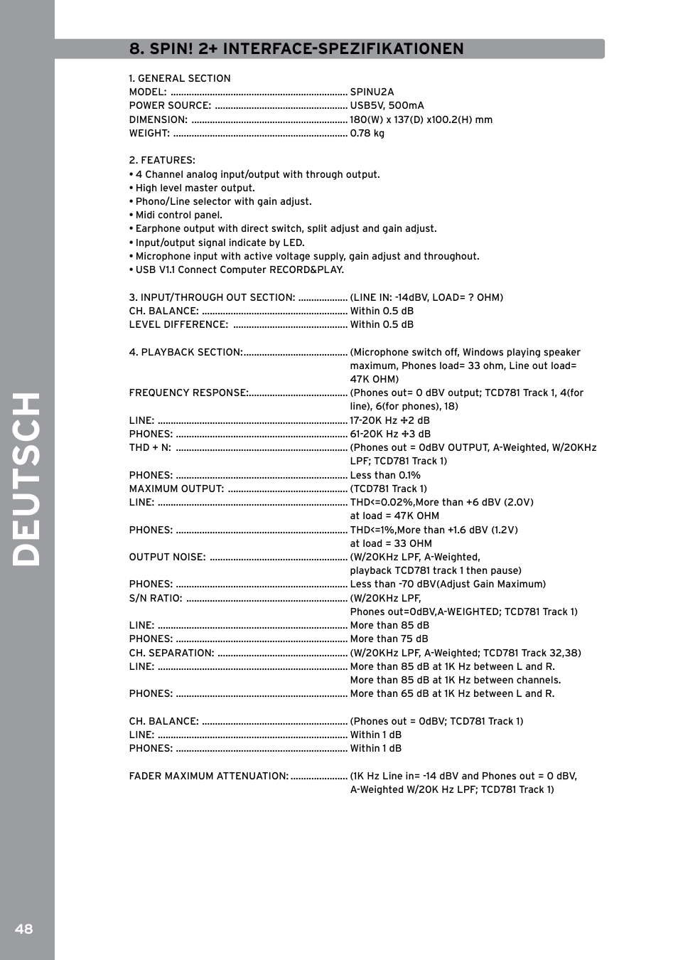 Spin! 2+ interface-spezifikationen, De ut s ch | Reloop SPIN!2 User Manual | Page 48 / 153