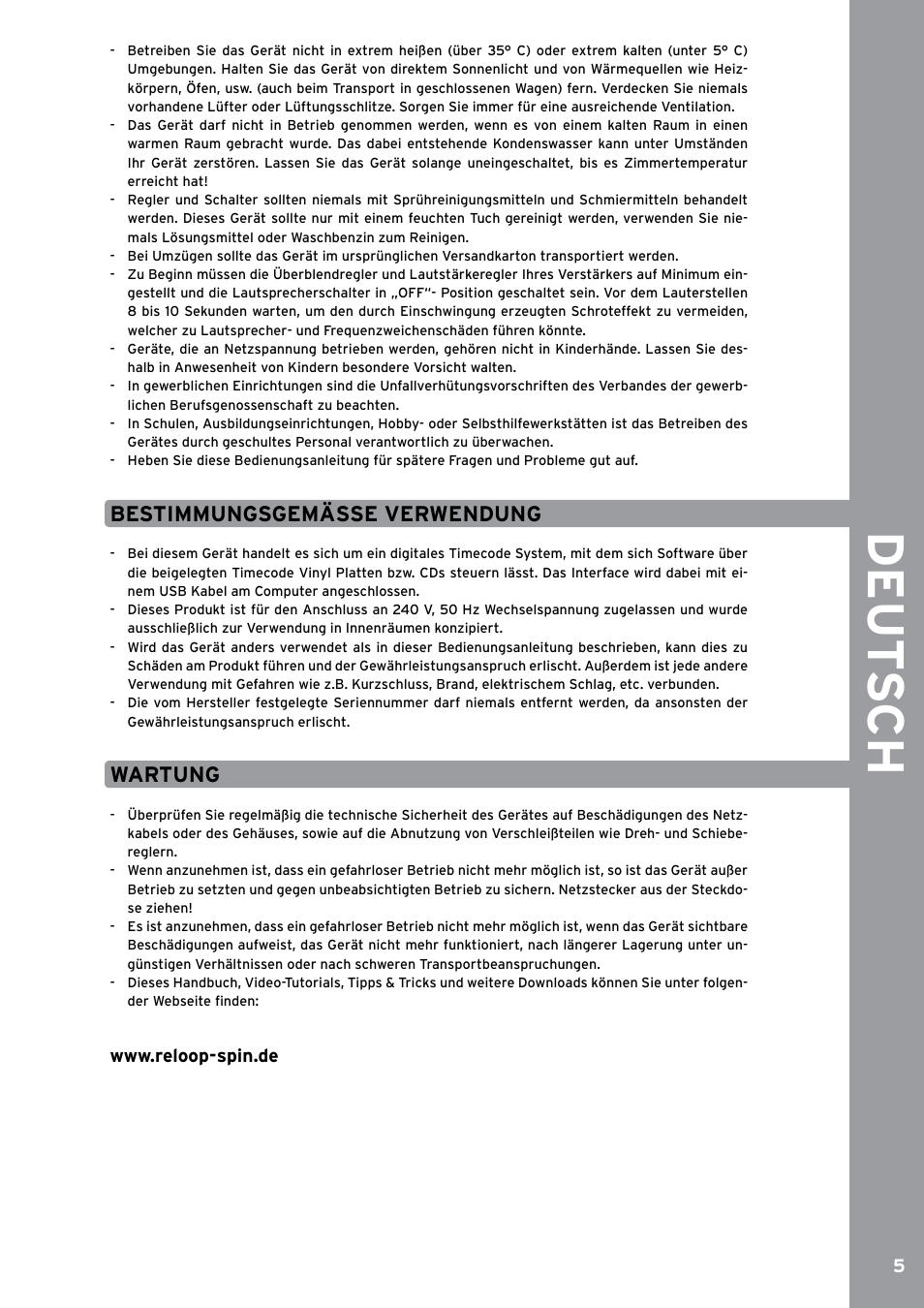 Wartung, De ut s ch, Bestimmungsgemässe verwendung | Reloop SPIN!2 User Manual | Page 5 / 153