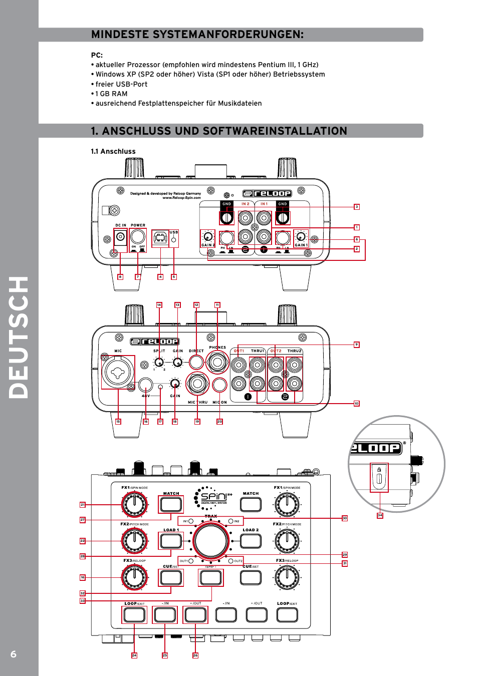Mindeste systemanforderungen, Anschluss und softwareinstallation, 1 anschluss | De ut s ch | Reloop SPIN!2 User Manual | Page 6 / 153