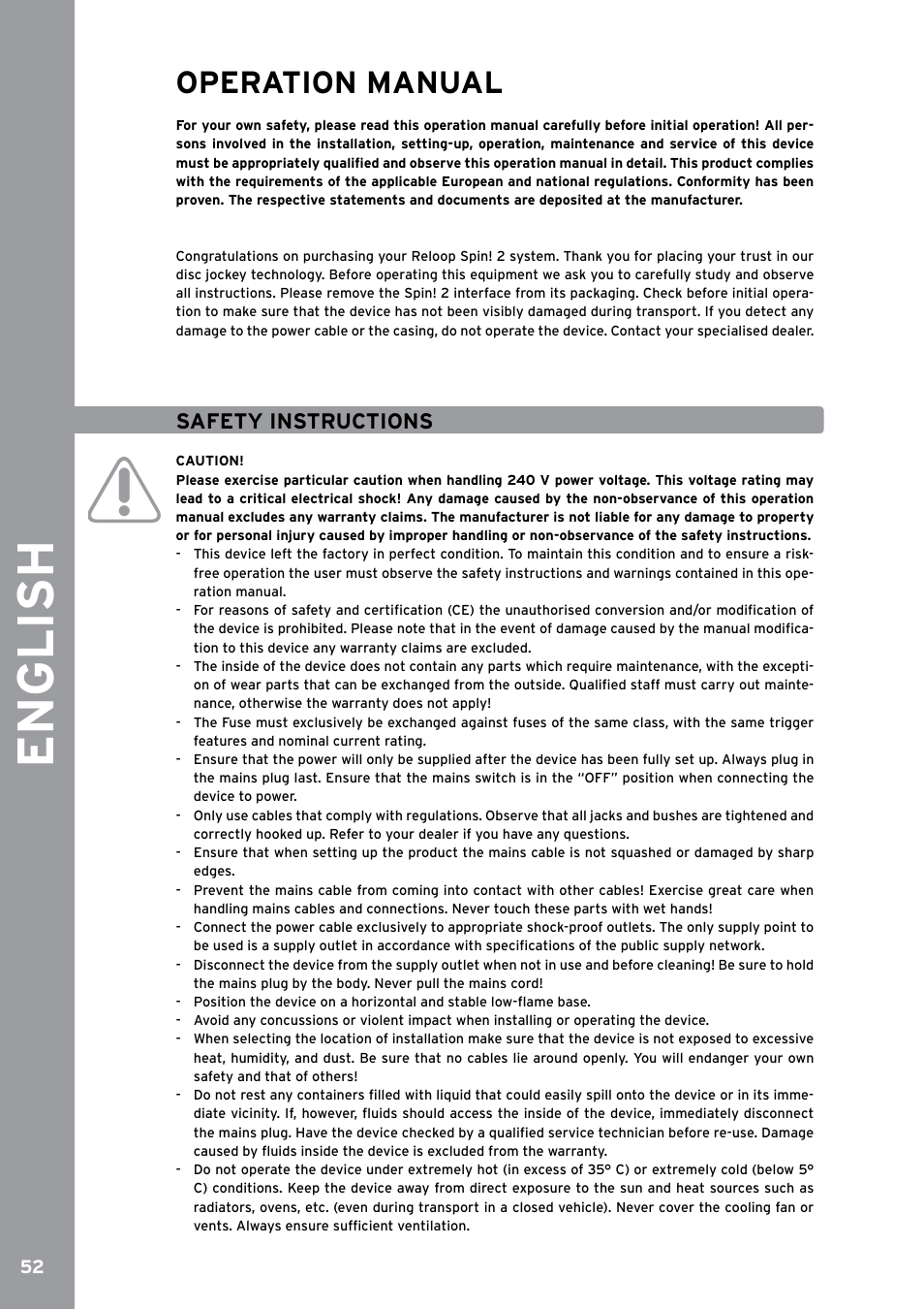 Operation manual, Safety instructions, English | Reloop SPIN!2 User Manual | Page 60 / 153