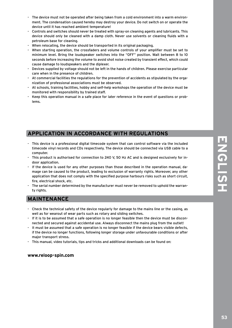 Application in accordance with regulations, Maintenance, English | Reloop SPIN!2 User Manual | Page 61 / 153