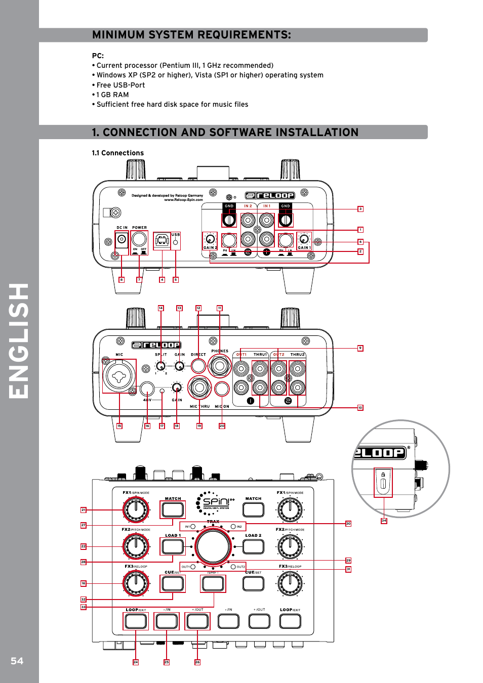 Minimum system requirements, Connection and software installation, 1 connections | English | Reloop SPIN!2 User Manual | Page 62 / 153