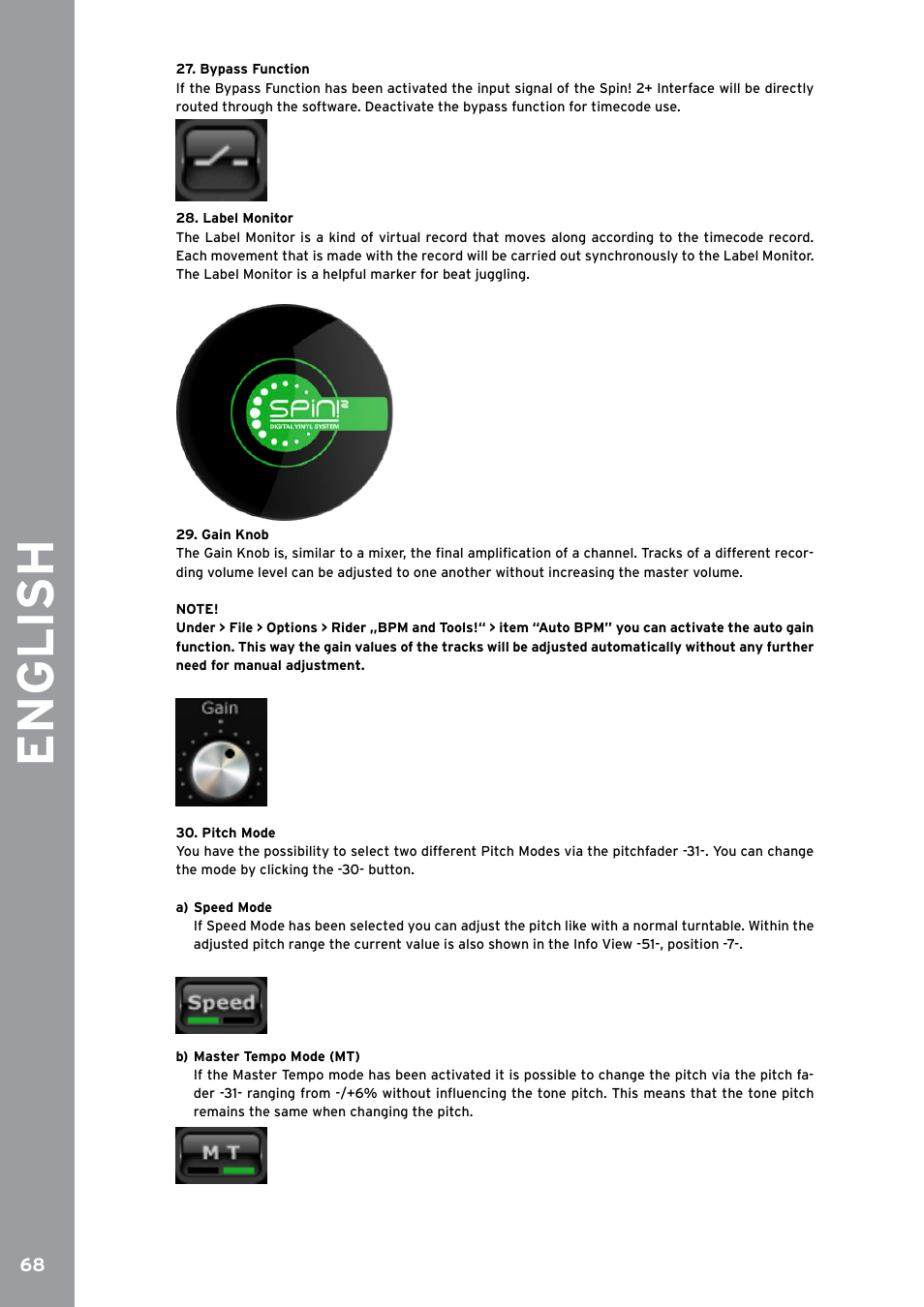 Bypass function, Label monitor, Gain knob | Pitch mode, English | Reloop SPIN!2 User Manual | Page 76 / 153