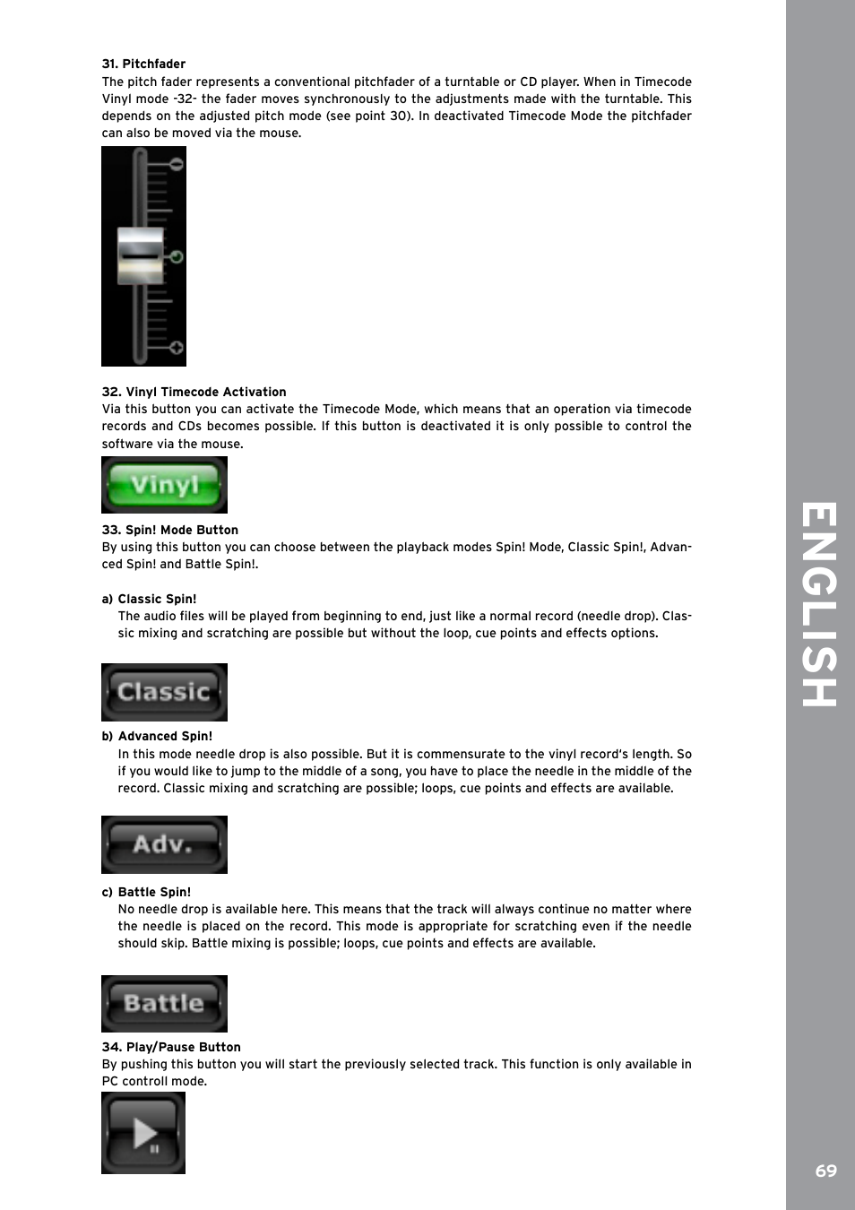 Pitchfader, Vinyl timecode activation, Spin! mode button | Play/pause button, English | Reloop SPIN!2 User Manual | Page 77 / 153