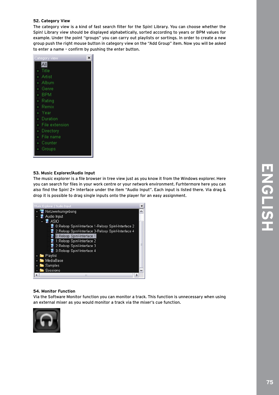 Category view, Music explorer/audio input, Monitor function | English | Reloop SPIN!2 User Manual | Page 83 / 153