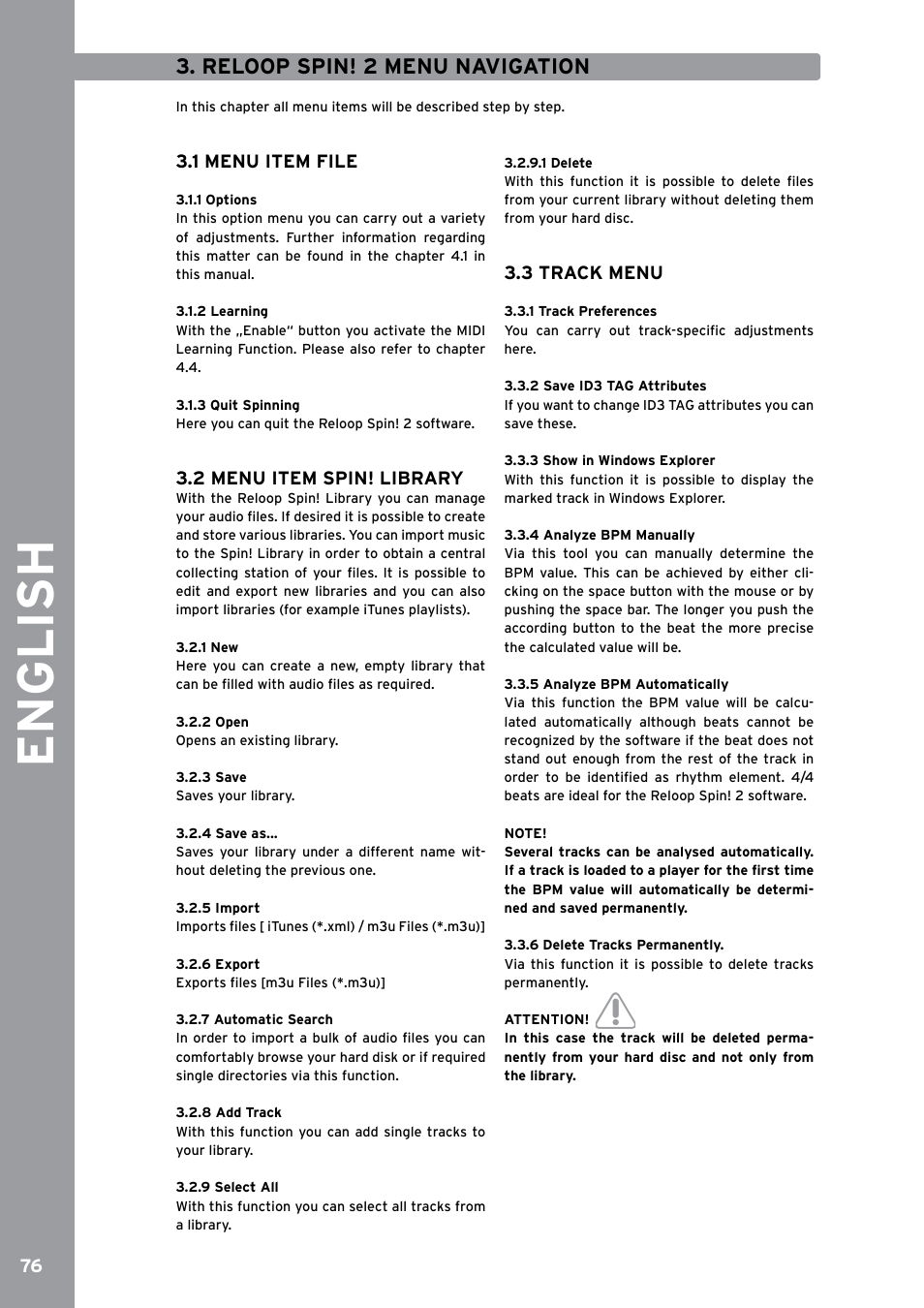 Reloop spin! 2 menu navigation, 1 menu item file, 1 options | 2 learning, 3 quit spinning, 2 menu item spin! library, 1 new, 2 open, 3 save, 4 save as | Reloop SPIN!2 User Manual | Page 84 / 153