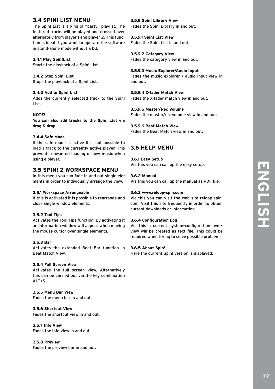 4 spin! list menu, 1 play spin!list, 2 stop spin! list | 3 add to spin! list, 4 safe mode, 5 spin! 2 workspace menu, 1 workspace arrangeable, 2 tool tips, 3 bar, 4 full screen view | Reloop SPIN!2 User Manual | Page 85 / 153