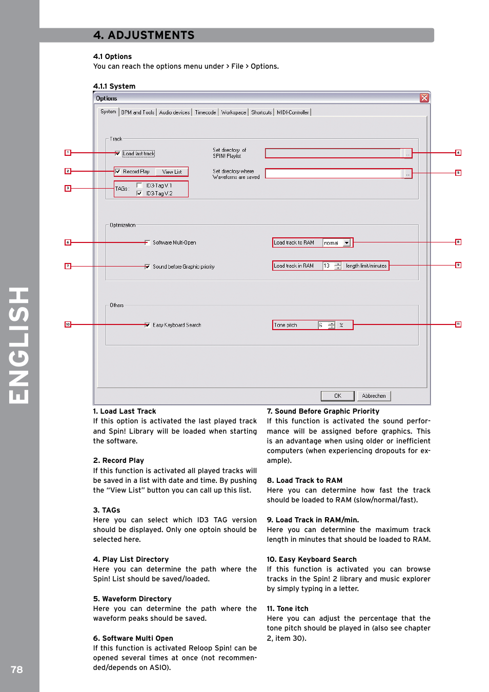 Adjustments, 1 options, 1 system | English | Reloop SPIN!2 User Manual | Page 86 / 153