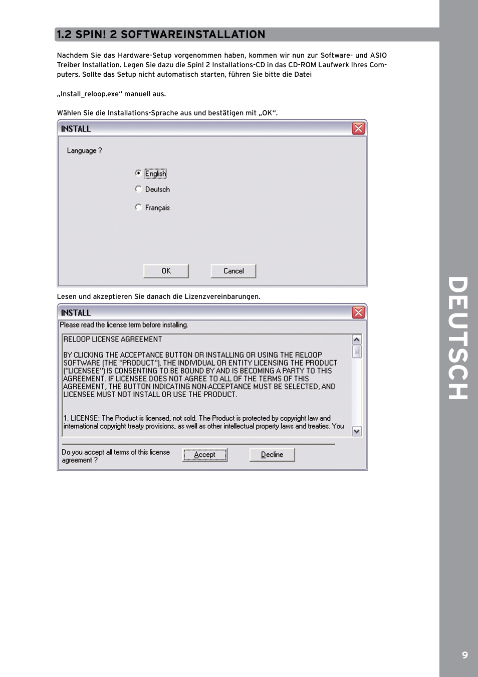 2 spin! 2 softwareinstallation, De ut s ch | Reloop SPIN!2 User Manual | Page 9 / 153